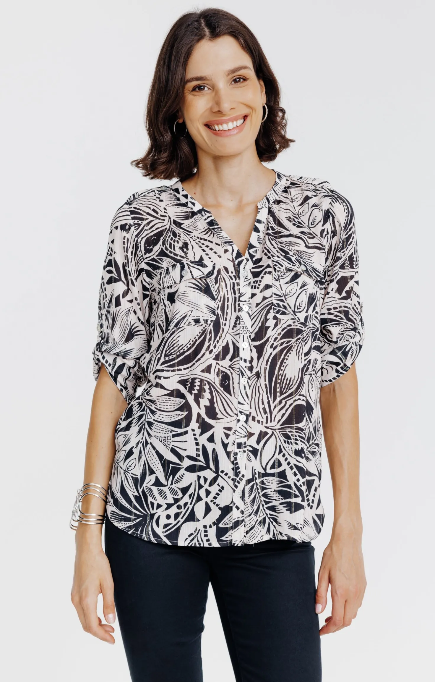 Chemise col mao imprimée feuillage -