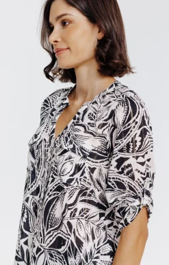 Chemise col mao imprimée feuillage -