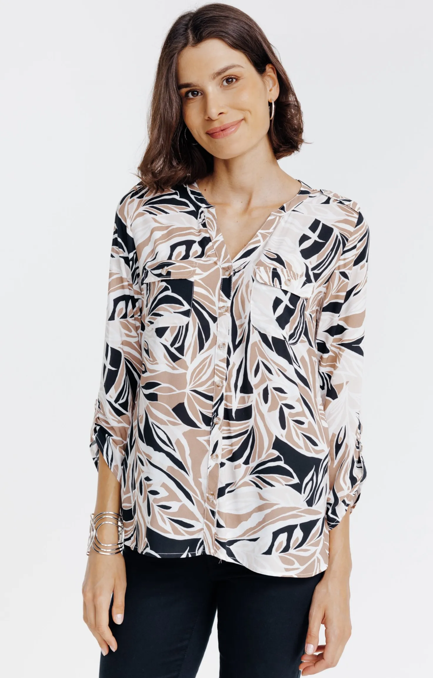 Chemise col mao imprimée feuillage -