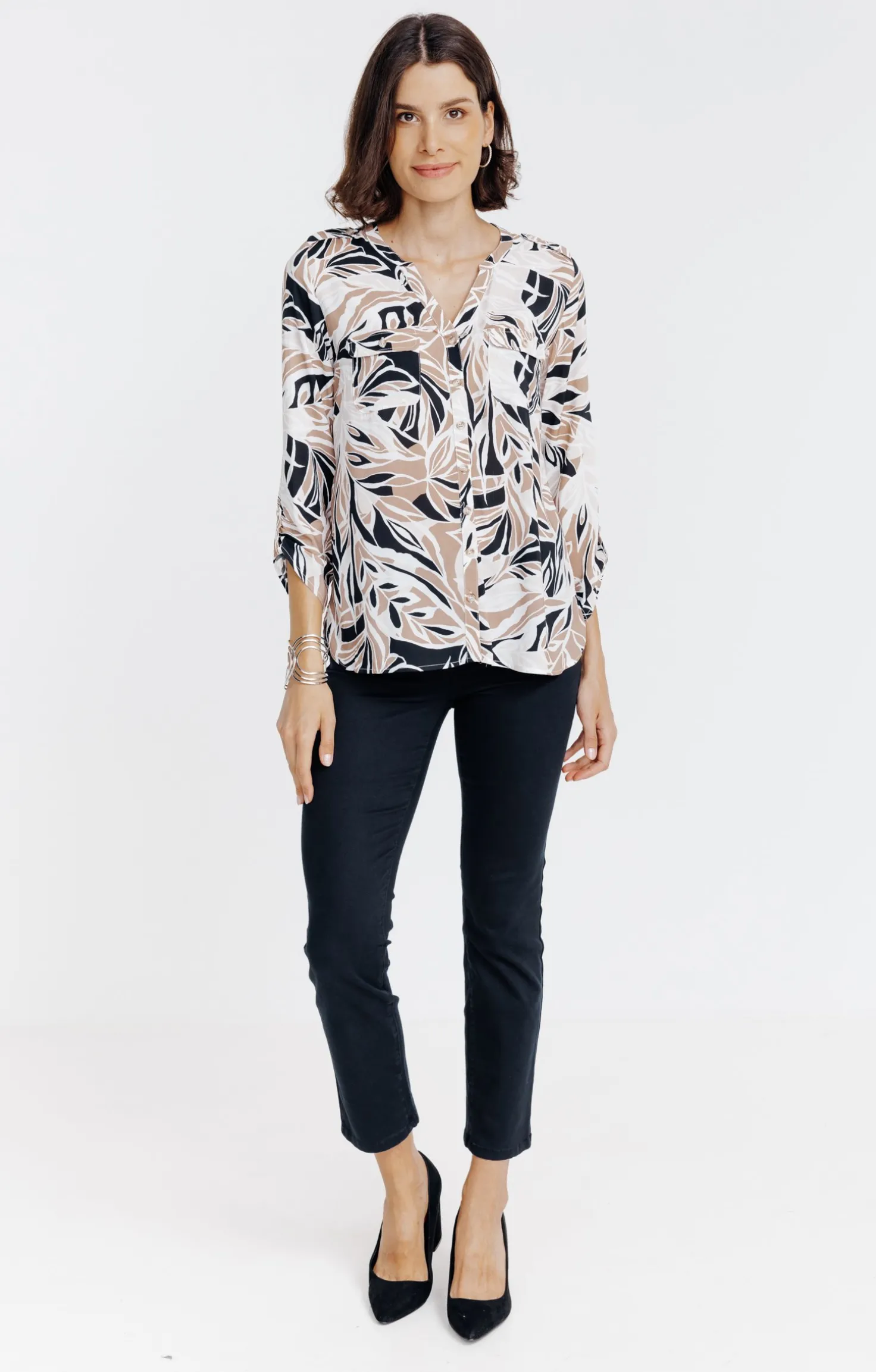 Chemise col mao imprimée feuillage -