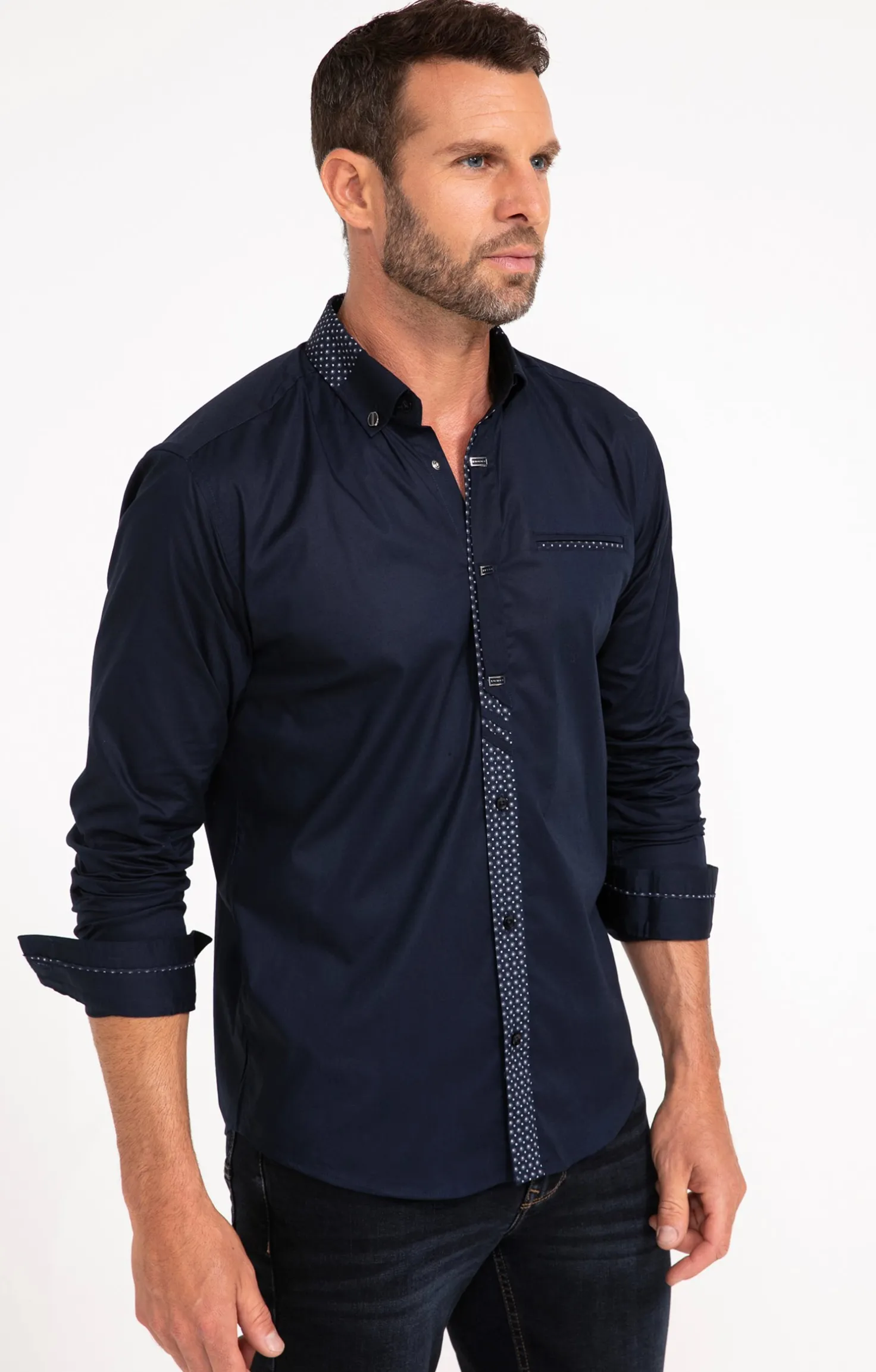 Chemise manches longues uni bleu marine -