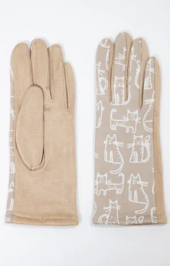Gants fantaisie en suédine imprimé chat -