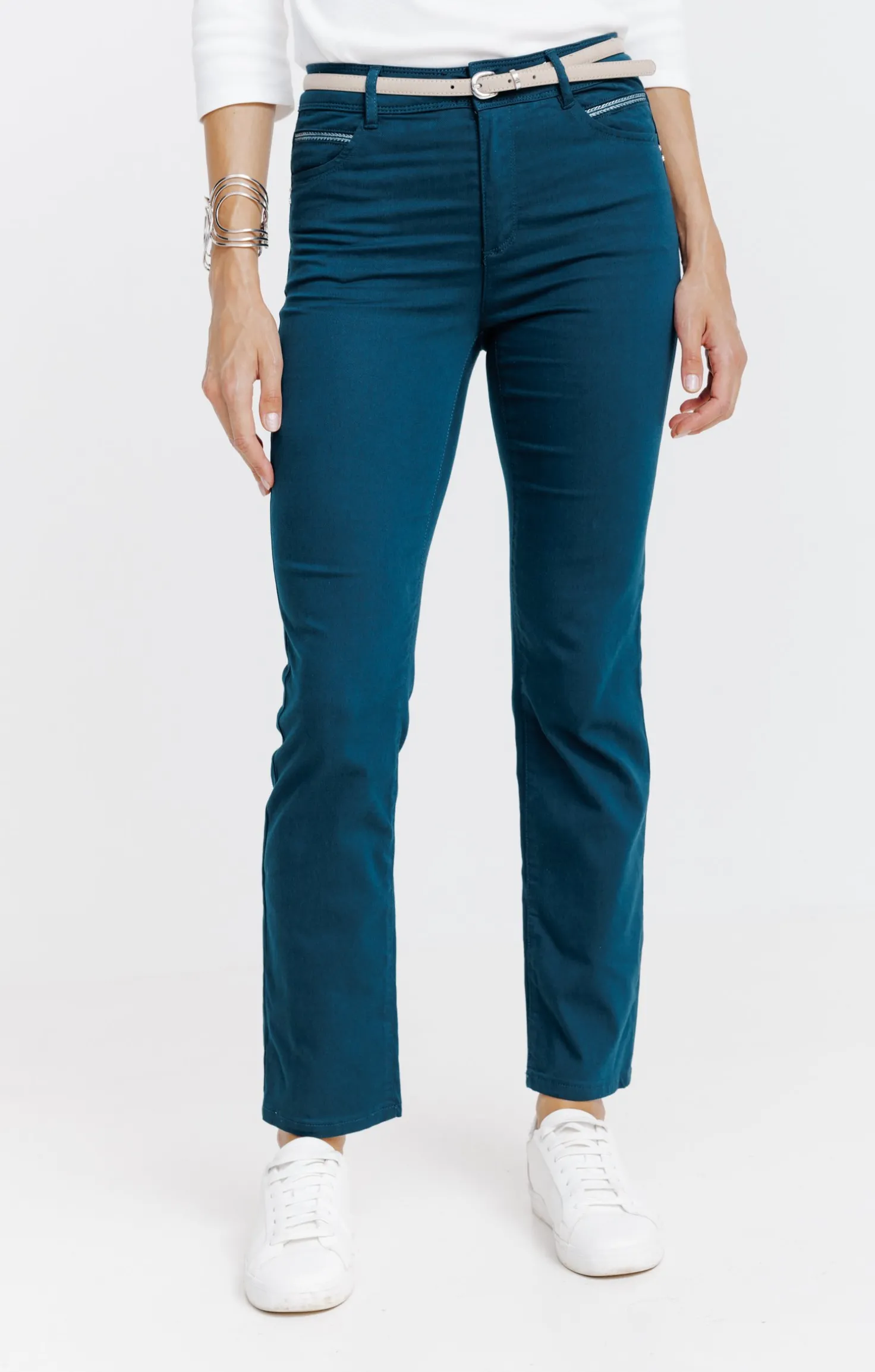 Pantalon 7/8 coton viscose avec ceinture -