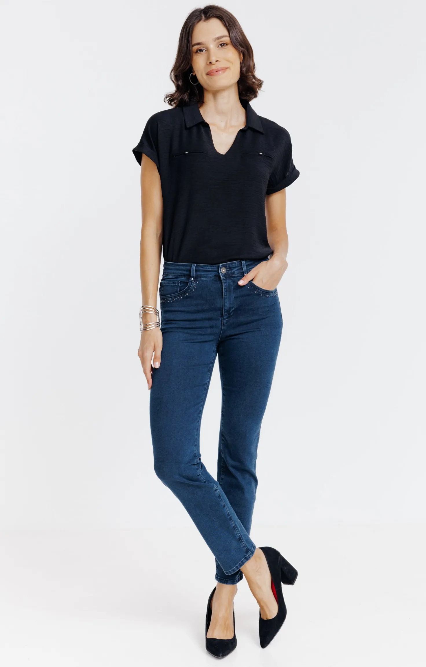 Pantalon 7/8 denim détail strass -
