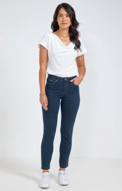 Pantalon 7/8 denim surteint détail bijou -