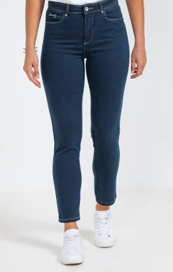 Pantalon 7/8 denim surteint détail bijou -
