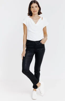 Pantalon 7/8 enduit imprimé fleurs -