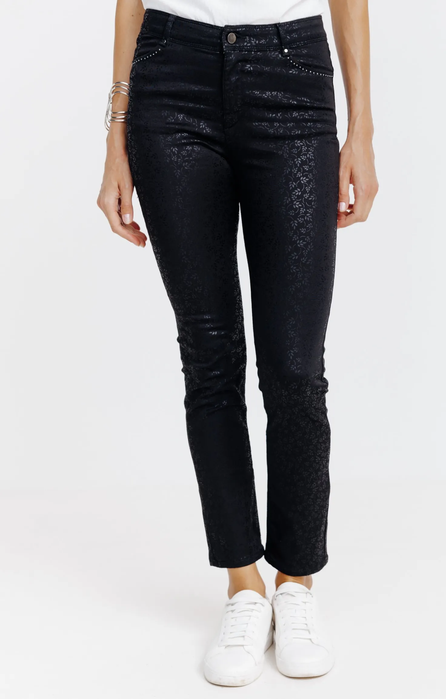 Pantalon 7/8 enduit imprimé fleurs -