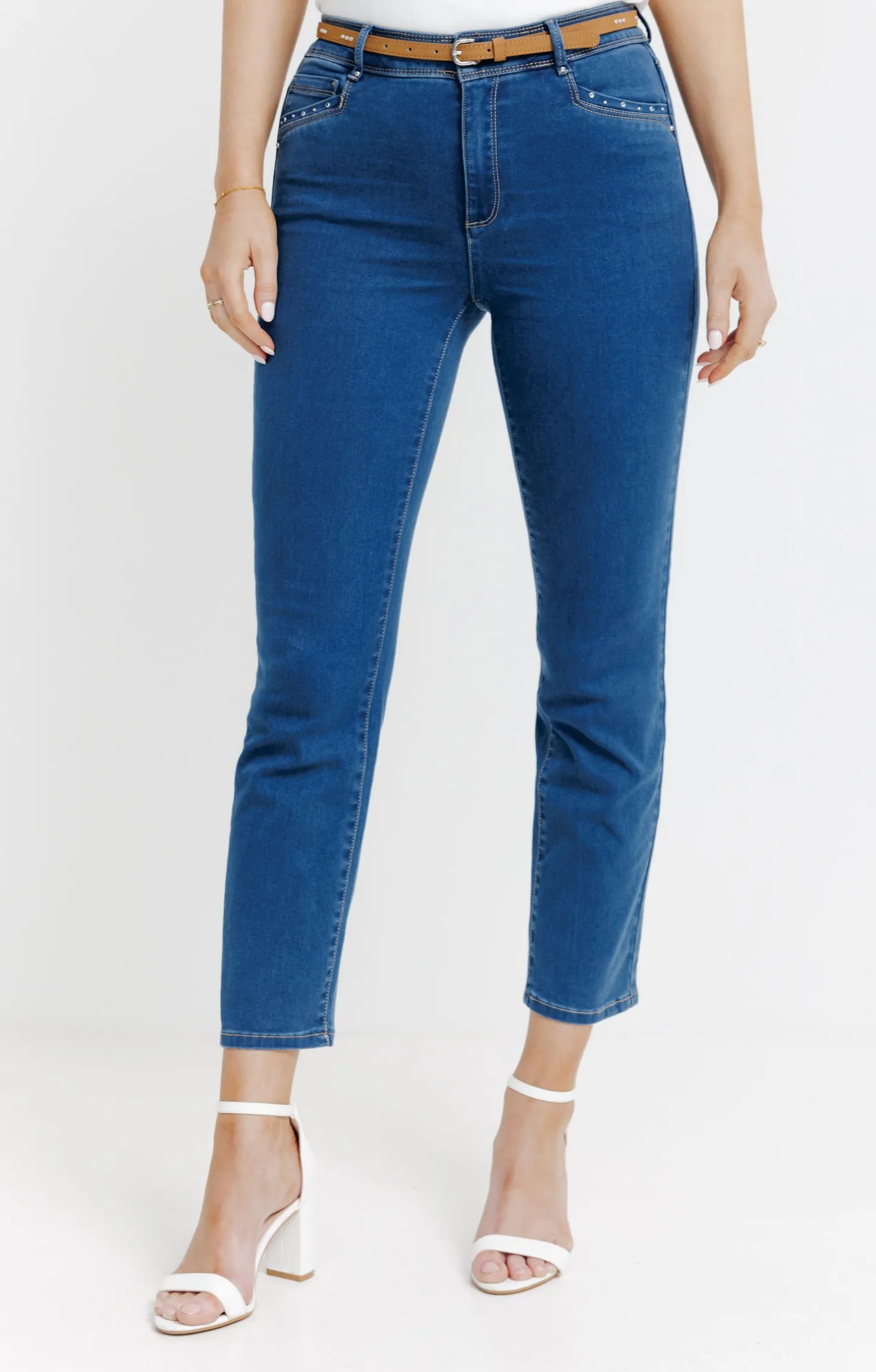 Pantalon 7/8 satin denim stone ceinture -