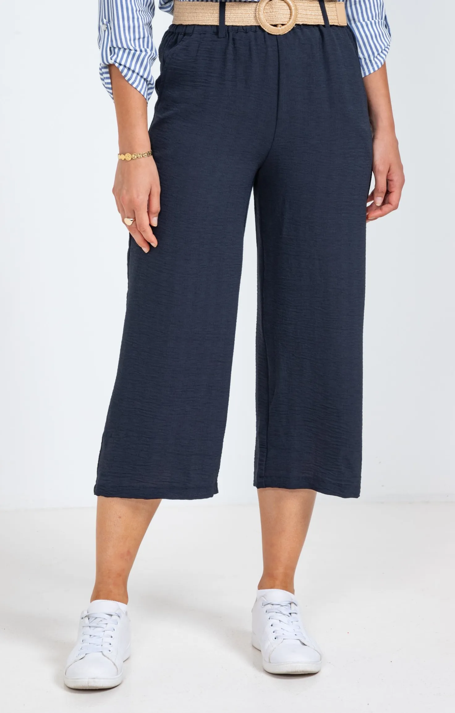 Pantalon large fluide ceinture rafia -