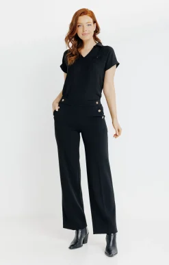 pantalon maille large détail bouton doré -