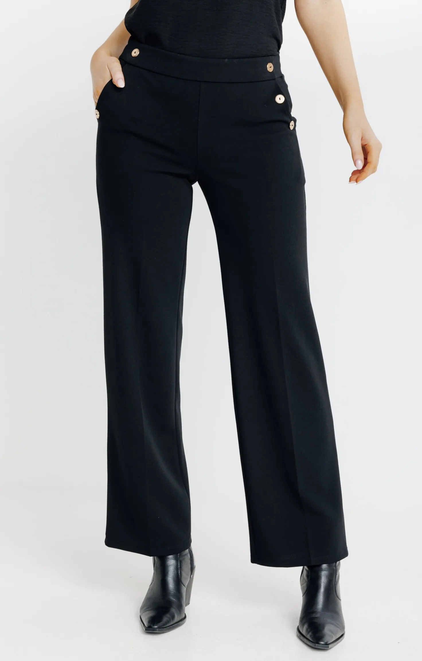 pantalon maille large détail bouton doré -