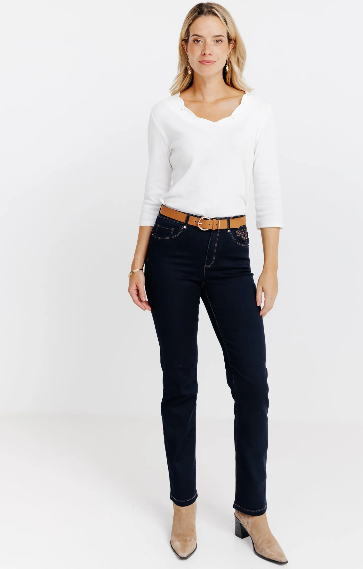 Pantalon satin denim broderie fleur -