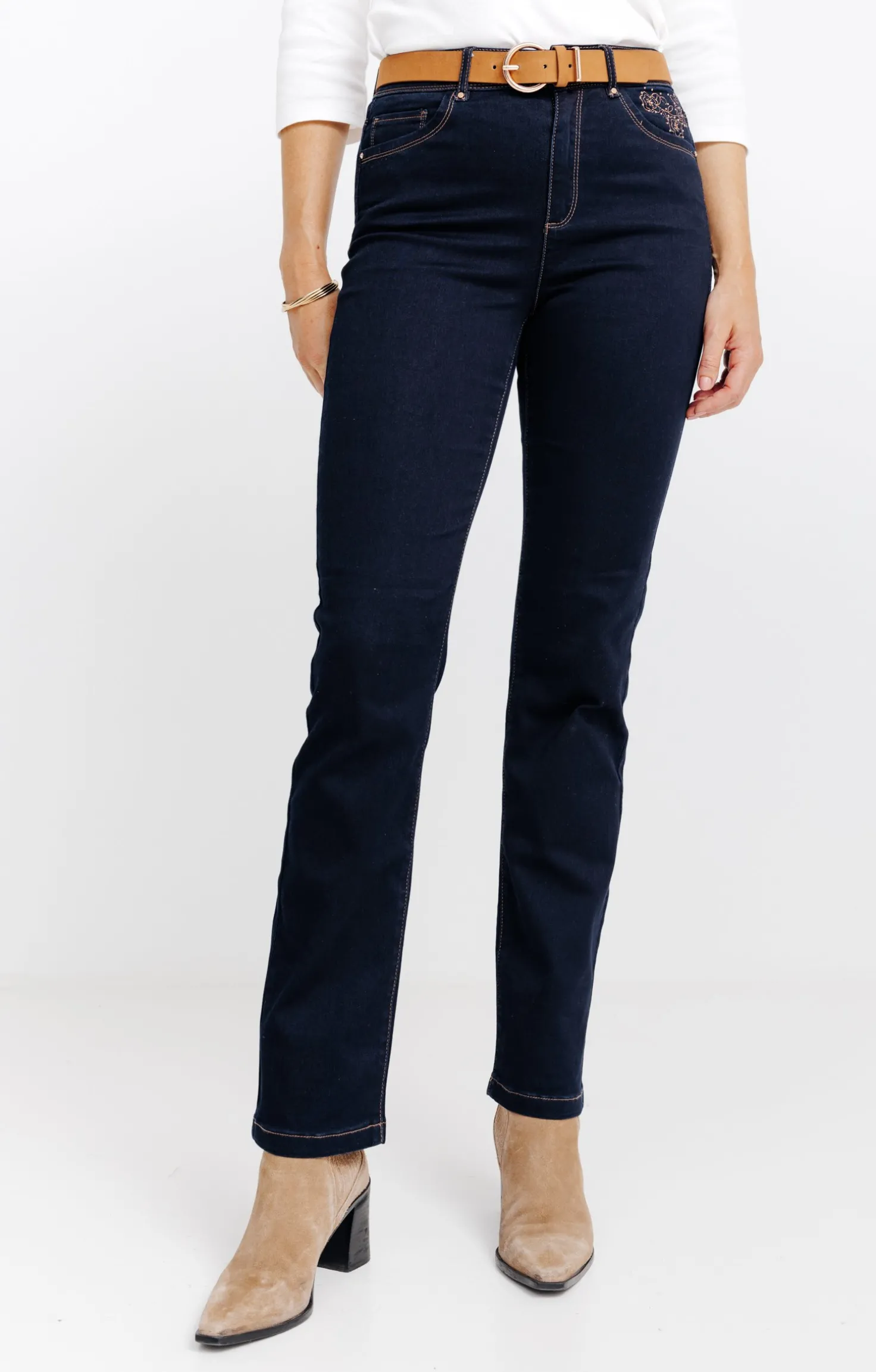 Pantalon satin denim broderie fleur -