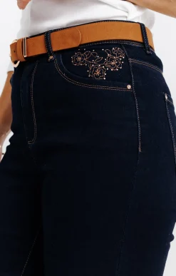 Pantalon satin denim broderie fleur -