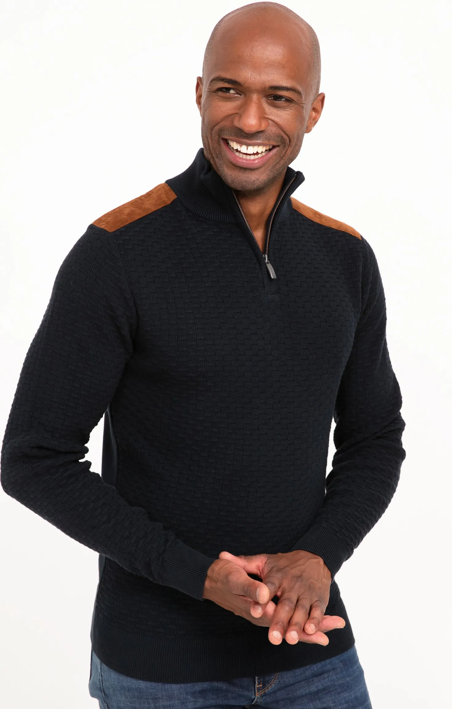 Pull col montant avec détails suèdine -