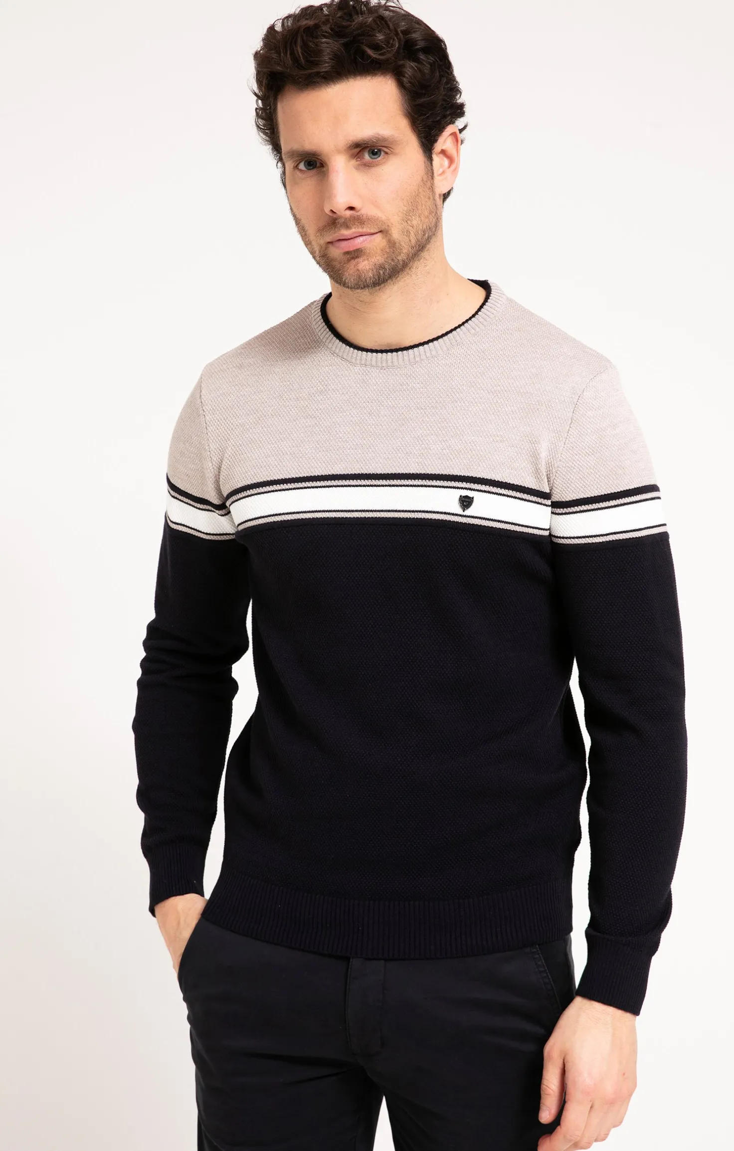 Pull col rond rayure placée -