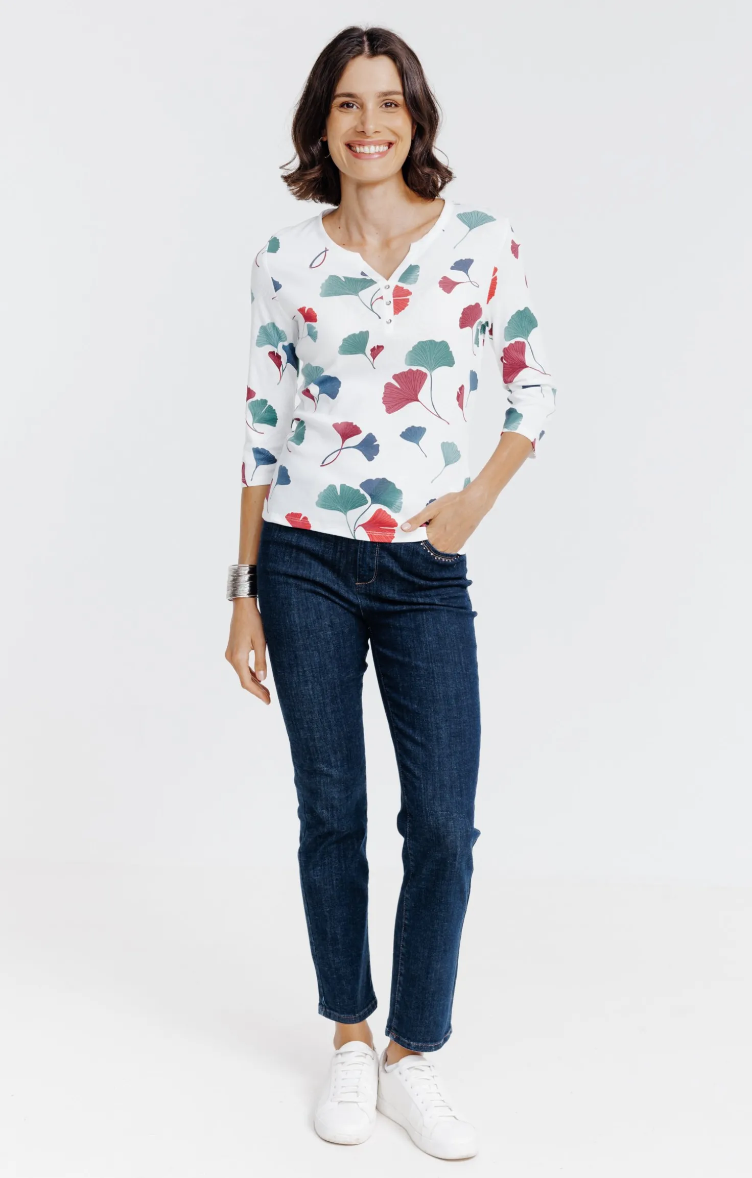 Tee-shirt imprimé floral col rond patte -