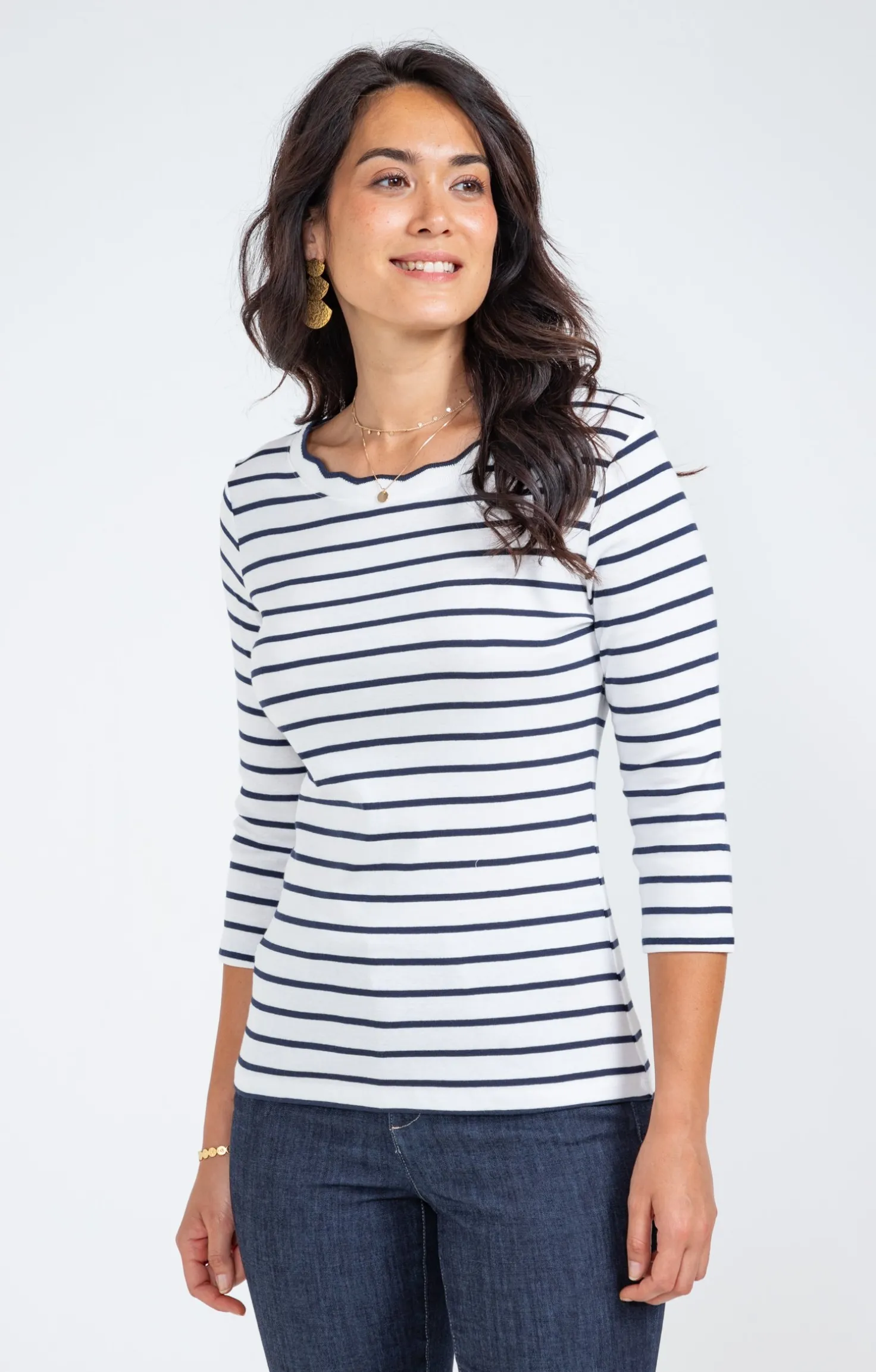 Tee-shirt rayures col bateau festonné -