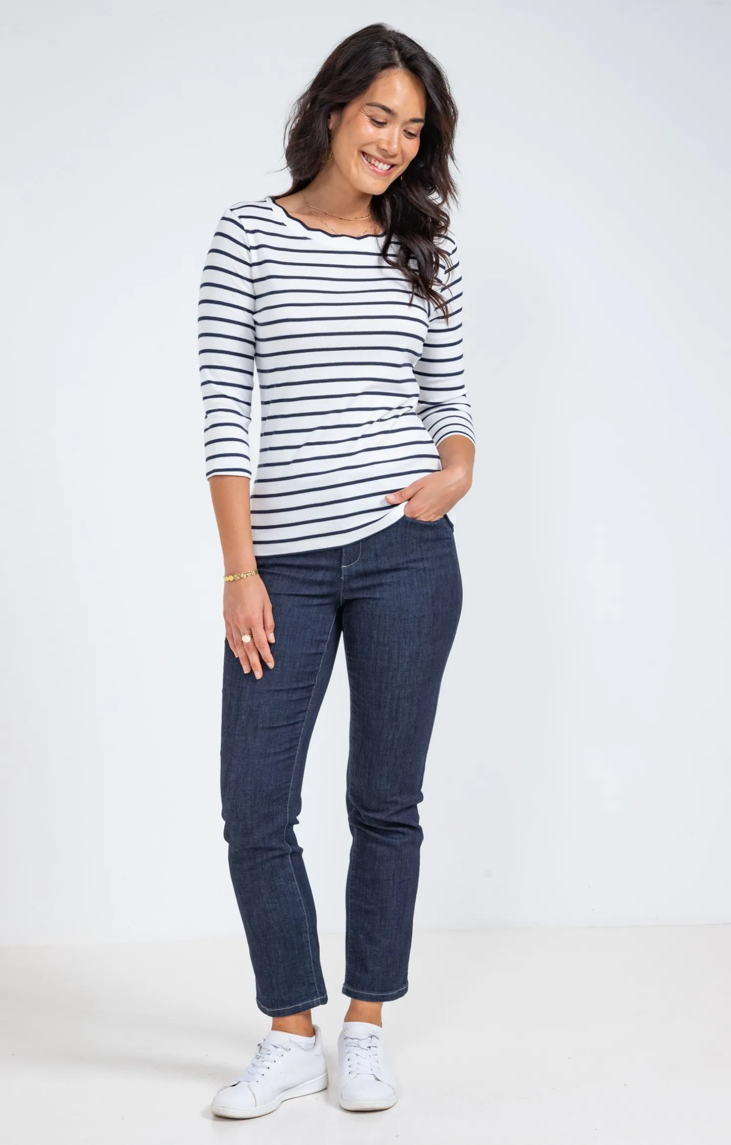 Tee-shirt rayures col bateau festonné -