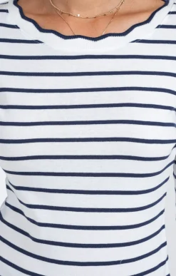 Tee-shirt rayures col bateau festonné -