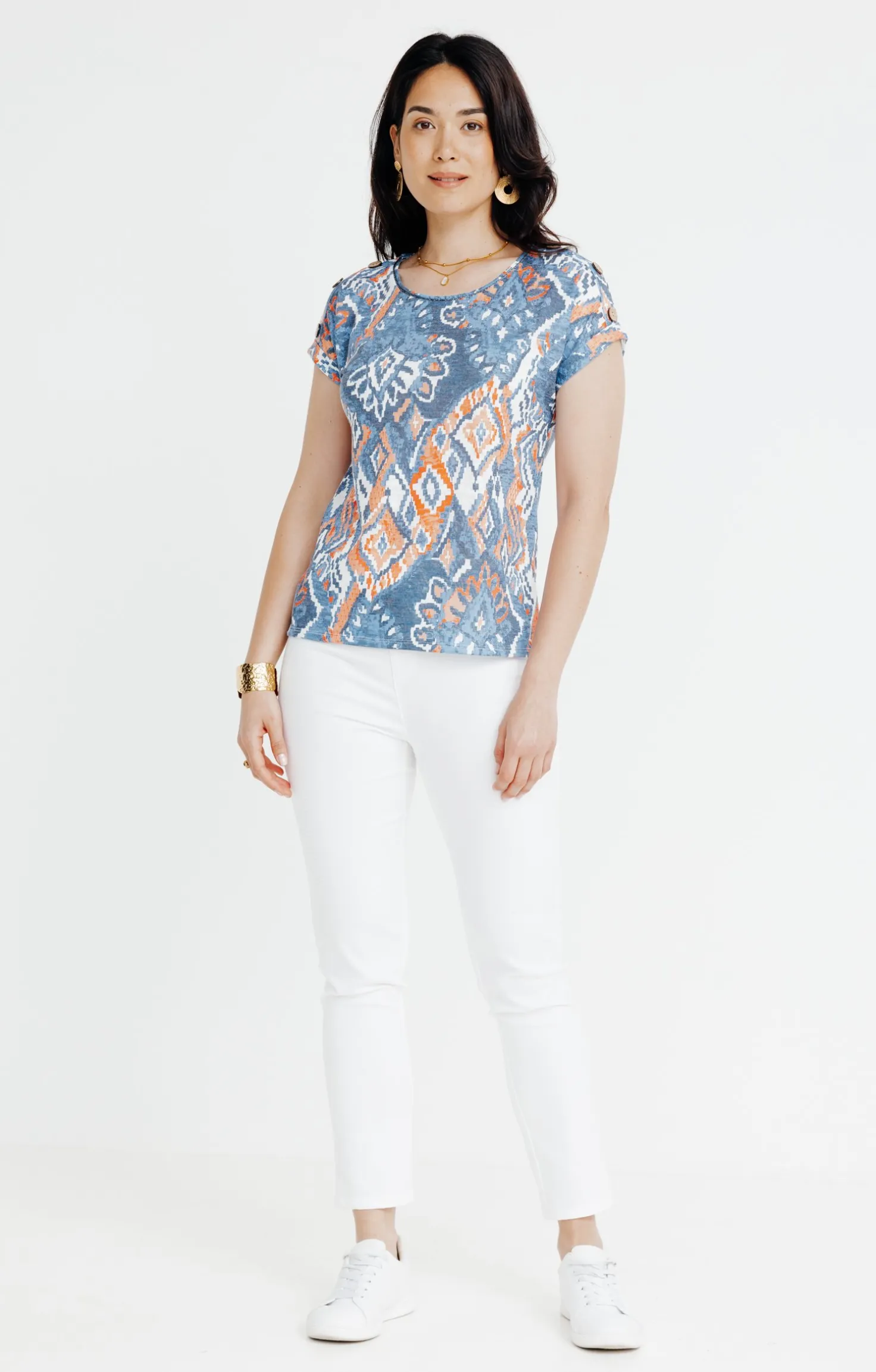 Tee-shirt été effet lin boutons épaules -