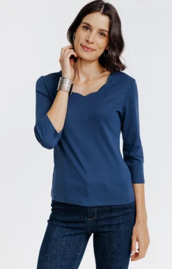 Tee-shirt uni col V festons -