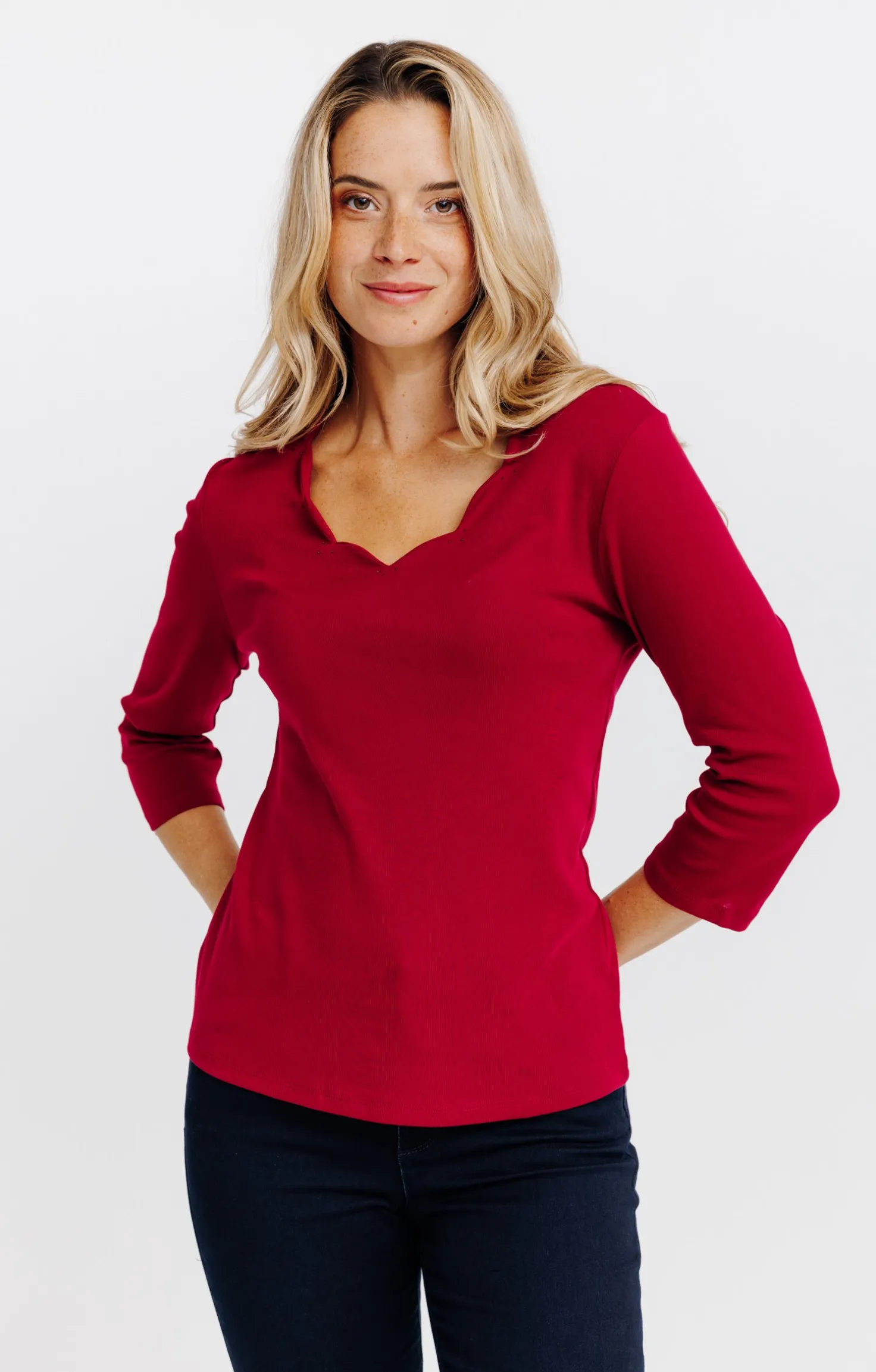 Tee-shirt uni col V festons -
