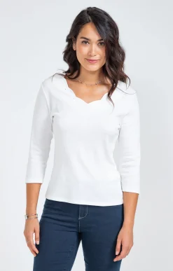 Tee-shirt uni col V festons -