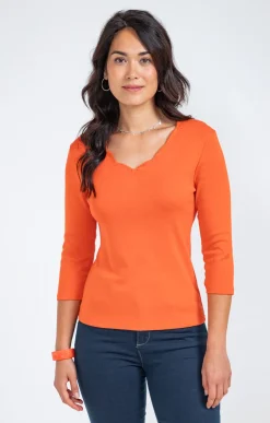 Tee-shirt uni col V festons -