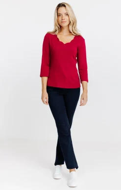 Tee-shirt uni col V festons -
