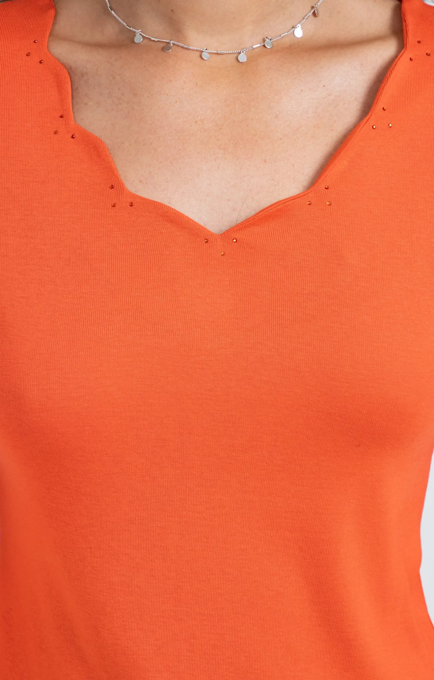 Tee-shirt uni col V festons -