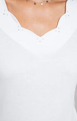 Tee-shirt uni col V festons -