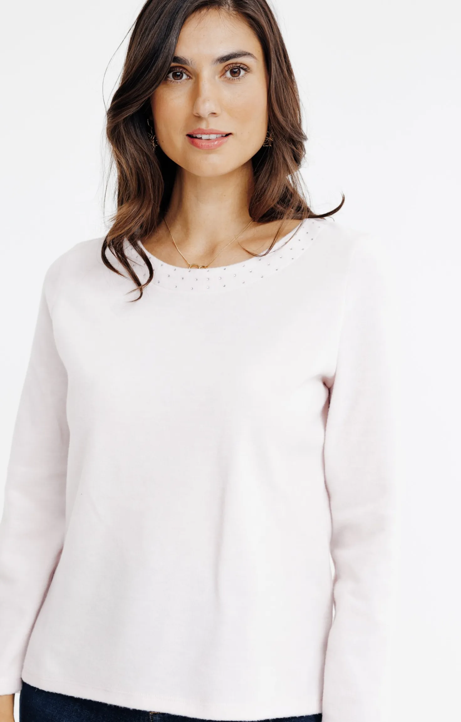 Tee-shirt uni strass col bateau -