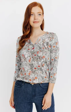 T-SHIRT COL MAO IMPRIME FLEURI -