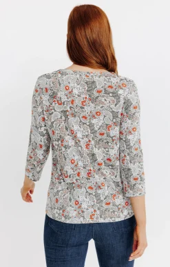 T-SHIRT COL MAO IMPRIME FLEURI -