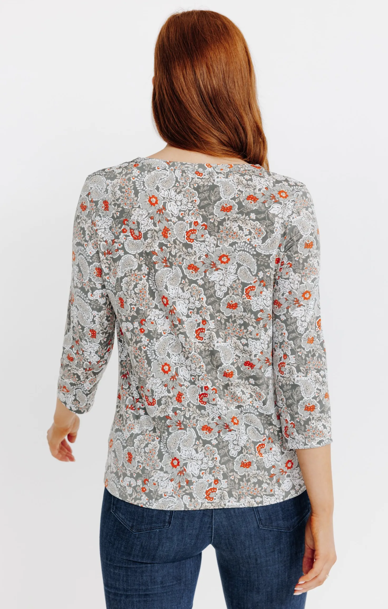 T-SHIRT COL MAO IMPRIME FLEURI -