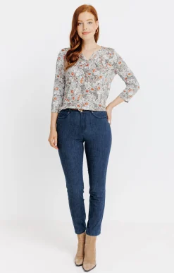 T-SHIRT COL MAO IMPRIME FLEURI -