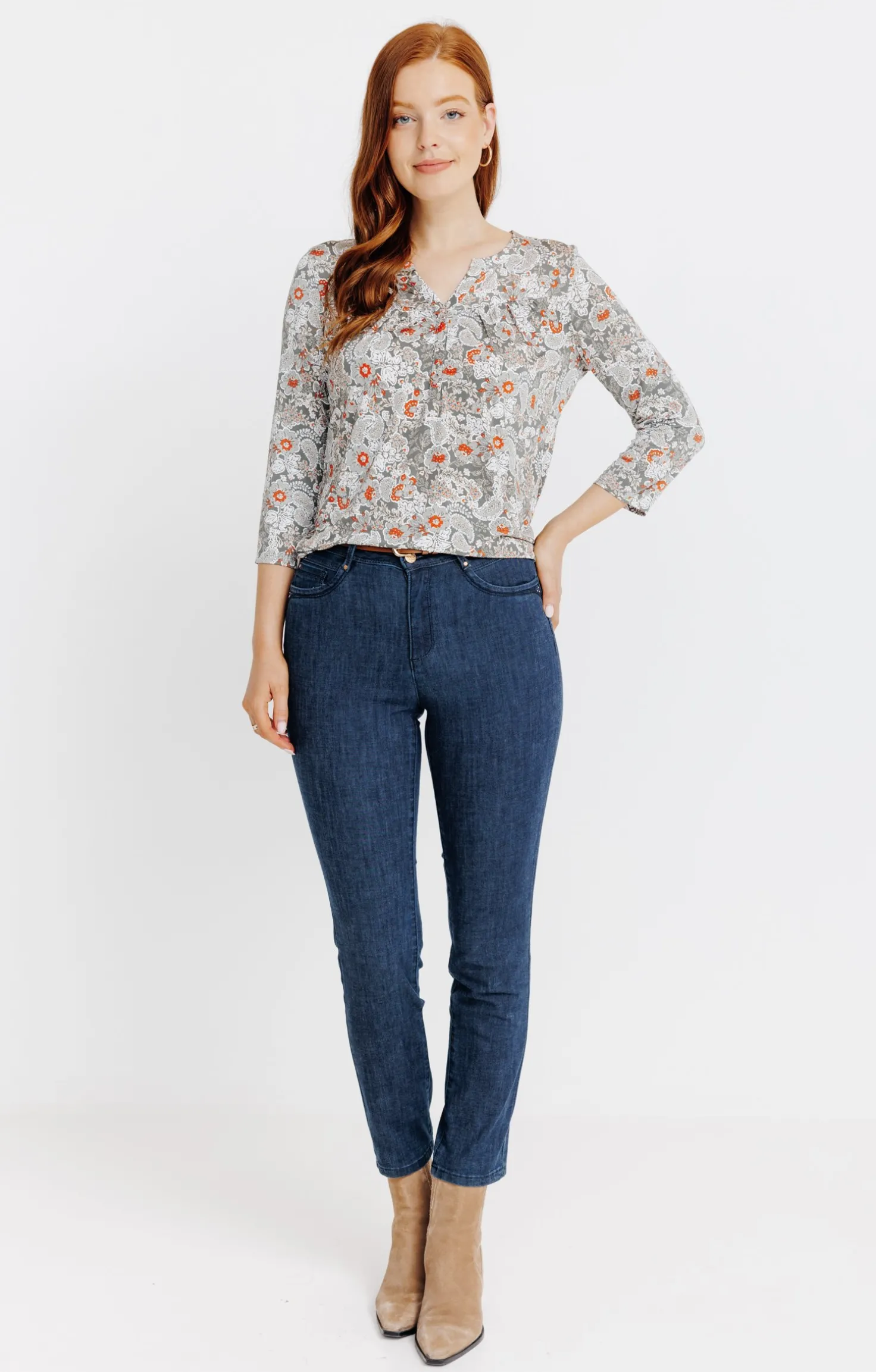T-SHIRT COL MAO IMPRIME FLEURI -