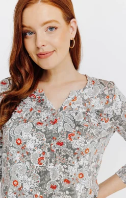 T-SHIRT COL MAO IMPRIME FLEURI -