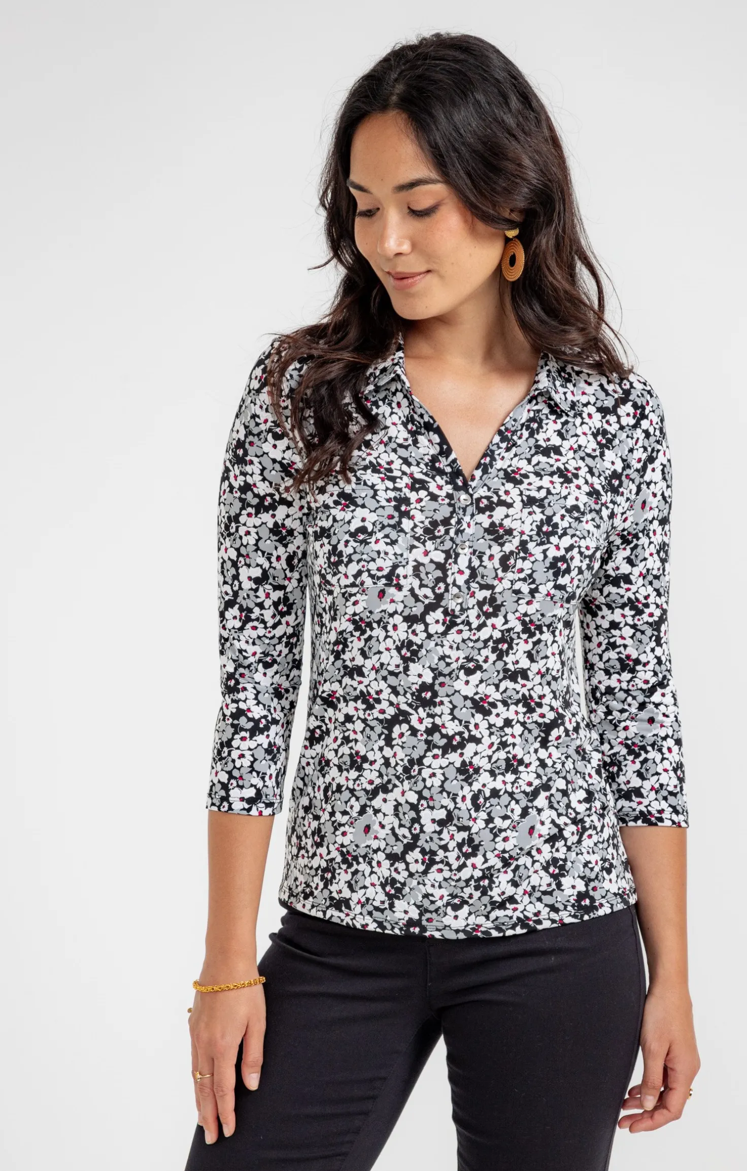 T-SHIRT COL POLO IMPRIME FLEURI -