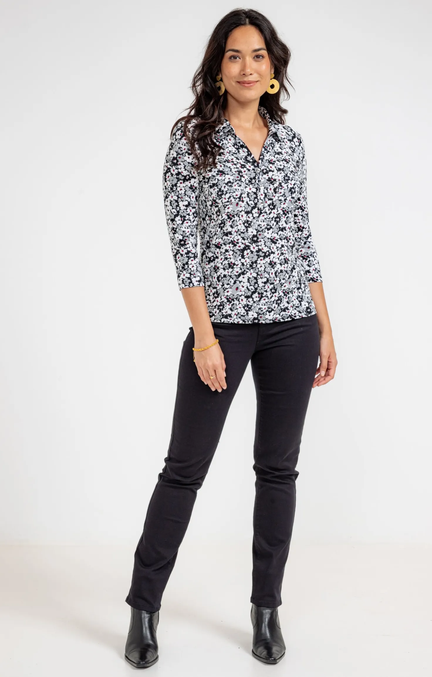 T-SHIRT COL POLO IMPRIME FLEURI -