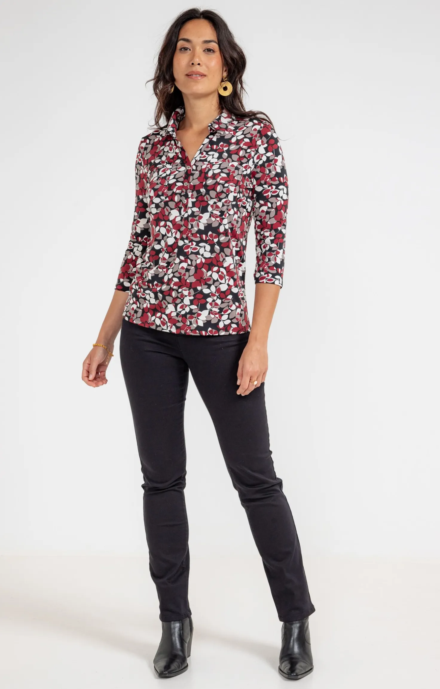 T-SHIRT COL POLO IMPRIME FEUILLAGE -