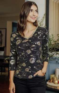 T-SHIRT FÊTES MOTIF MUSIC GALON DORE -