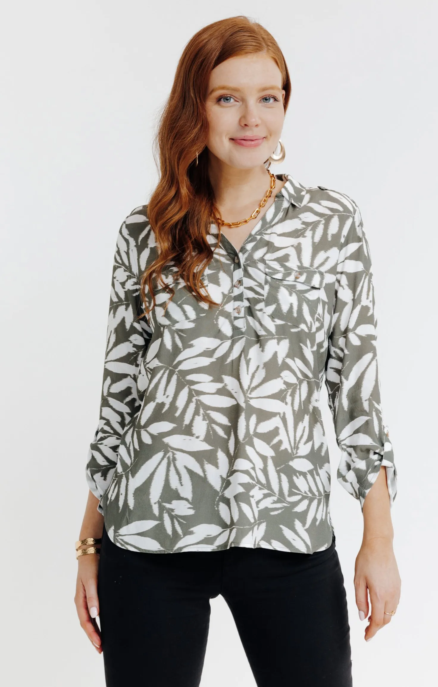 Tunique col chemise imprimée feuillage -