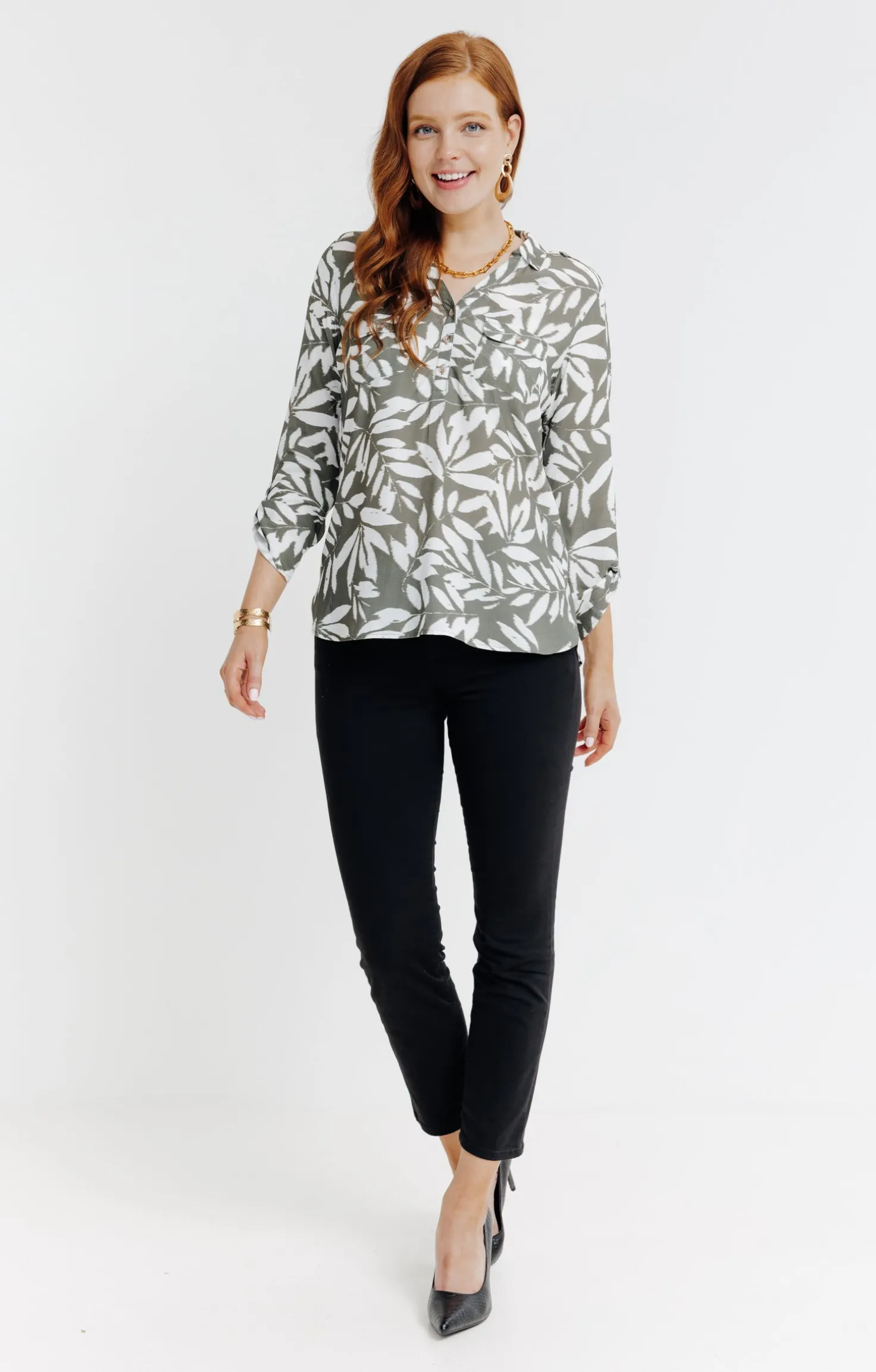 Tunique col chemise imprimée feuillage -